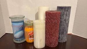 lot 1311 image: Decorative Candle Collection - Village Candle Sea Spray, Candle Cottage Peach, Pillar Candles