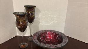 lot 1328 image: Mosaic Glass Decorative Set - Wine Glasses and Bowl