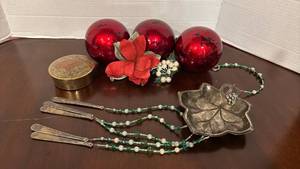lot 1329 image: Holiday Decor Collection - Mercury Glass Ornaments, Silver Leaf Wind Chime, Brass Box