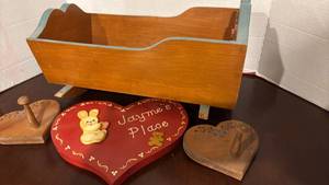 lot 1340 image: Handcrafted Wooden Baby Room Door Sign with Teddy Bear Accent and Childs Baby Bed