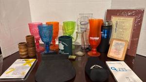 lot 1345 image: Tiki Glass Collection - Assorted Colors with Wooden Napkin Rings and more