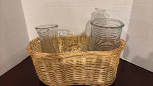 lot 1349 image: Glass Vase Collection with Wicker Basket