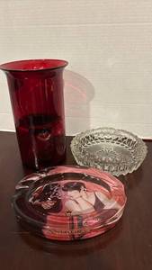 lot 1351 image: Ashton Glass Collection - Ruby Red Vase, Glass Ashtray and Decorative Ashtray Set