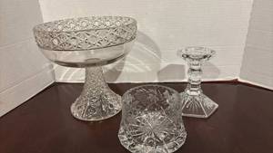 lot 1353 image: Cut Glass and Crystal Compote Bowl, Vase and Candlestick