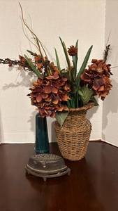 lot 1356 image: Asbestos Cast Iron Sad Iron with Base, Faux Floral Arrangement and more
