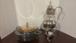 lot 1357 image: Carafe with Silver Plated Holder and Casserole Dish
