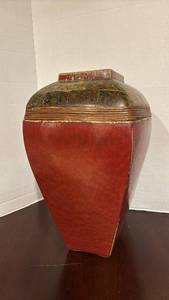 lot 1361 image: Chinese Red Lacquer Rice Storage Container with Bamboo Banding 16 x9