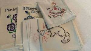 lot 1426 image: Hand Embroidered White Cotton Napkins with Floral and Winter Designs