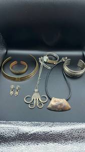 lot 1901 image: Mixed Jewelry Lot - Brass Cuffs, Silver Necklace, Watch and Earrings
