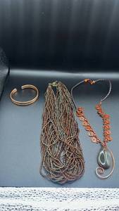 lot 1905 image: Handcrafted Jewelry Set - Copper Bracelet, Beaded Necklace, and Stone Pendant