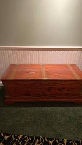 lot 2008 image: Cedar chest with metal trim, some wear on top IN BASEMENT