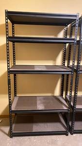lot 2204 image: Heavy-duty black steel storage rack with 5 particle board shelves IN BASEMENT