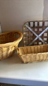 lot 3045 image: Woven Wicker Storage Baskets and a wood and metal basket