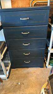 lot 3046 image: 5-Drawer Navy Blue Dresser with Silver Handles - 4 feet tall, 29 inches wide and 16 inches deep