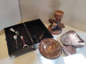 lot 3105 image: Home Decor.   Leaf Shaped Dishes, Silver Plated Candy Dish, Bar Set and Wooden Elephant Candle Holder