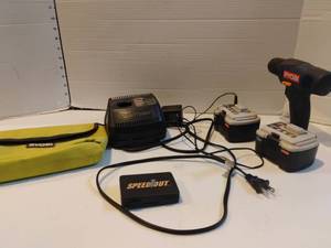 lot 3113 image: Tools.  Ryobi Drill with Battery and Charger. Plus Craftsman Charger and SpeedOut