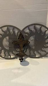 lot 3117 image: Metal outdoor hangings - two suns and a cross