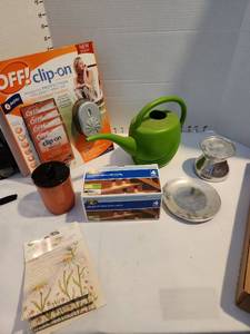 lot 3213 image: Off clip on fan air circulated, watering can Hampton Bay LED solar deckstep lights and more