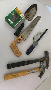 lot 3307 image: Tool Lot - Stanley Hand Saw, Bamboo Handle Hammer, and SPAX Screws