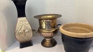 lot 3325 image: Decorative Vase Set - Fleur-de-lis Metal Vase, Brass Urn, and Ceramic Planter