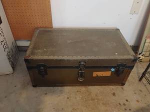 lot 3703 image: Military Style Metal Storage Trunk with Patterned Interior Lining.  13 x 31 x 17