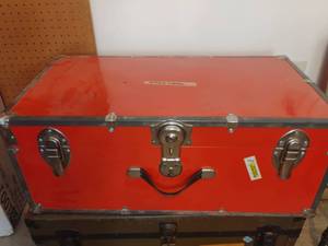 lot 3704 image: Red Metal Storage Trunk with Lock and Metal Hardware.  12 x 30 x 16