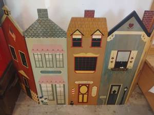lot 3708 image: Hand-Painted Wooden Town Storefront Panel Set. 5 Panels and each panel is 32 x 9.5