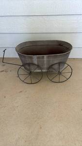 lot 4000 image: Metal Wagon Planter with Wheels - 12 inches tall