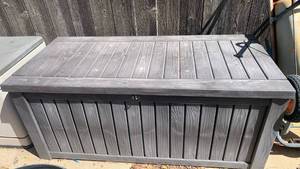 lot 4200 image: Keter Gray Wooden Outdoor Storage Bench 60X28