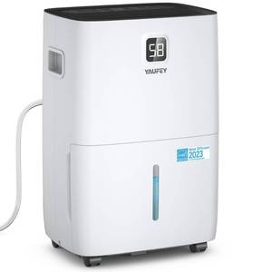 lot 27923 image: Yaufey 120 Pints Energy Star Dehumidifier for Home, Basement and Large Room up to 6000 Sq. Ft., with Drain Hose, Timer, Intelligent Humidity Control and Large Water Tank - Retail $313.99 (crack on top)