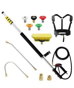 lot 1855 image: janz Aluminum 24 FT Telescoping Pressure Washer Wand with Pressure Washer Extension Wand,Gutter Cleaner Attachment, 5 Spray Nozzle Tips, 2 Hose Inlet Adapters and Support Harness - Retail $113.99