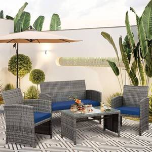 lot 1860 image: Vongrasig 4 Piece Patio Furniture Set Small Outdoor Wicker Rattan Front Porch Bistro Set Cushioned Patio Chairs Conversation Set with Glass Table for Lawn, Garden, Backyard, Balcony (Deep Blue)