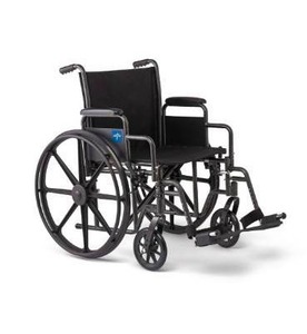 lot 1883 image: Medline Comfortable Folding Wheelchair with Swing-Back Desk-Length Arms and Swing-Away Footrests, 20W x 16D Seat - Retail $149.99