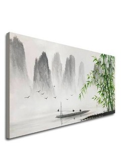 lot 1893 image: Large Hand Painted Traditional Chinese Painting Black and White Modern Landscape Canvas Wall Art Handmade Bamboo Artwork - Damage to wood piece in back