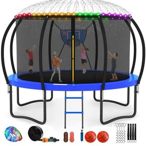 lot 1897 image: Big Trampoline With Enclosure, Ladder, Backboard, Sprinkler, and Anchor Kit - 12ft - Blue