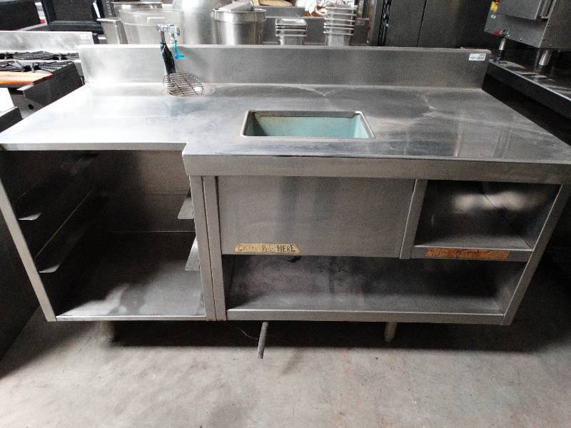 lot 2550 image: 66W x 32D Stainless steel table with shelves, sink and water tap.
