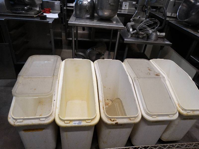 lot 2569 image: lot of 5 26.5 x 10 x18 Flower and sugar containers on casters. one is missing a cover.