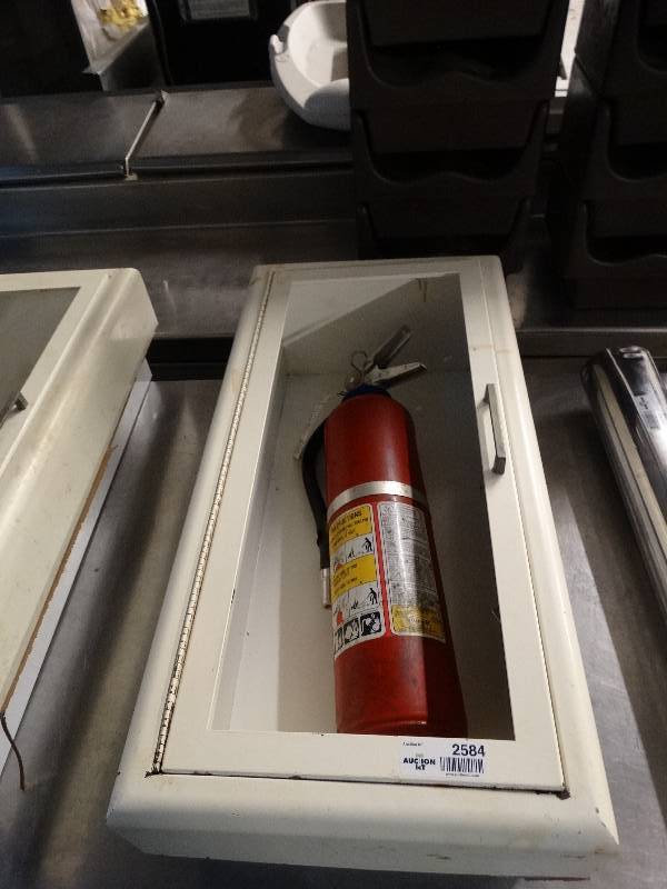 lot 2584 image: Fire extinguisher and cabinet with mounting hardware. Missing glass.