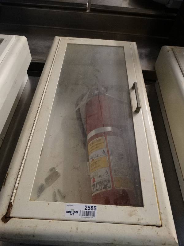 lot 2585 image: Fire extinguisher and cabinet with mounting hardware.