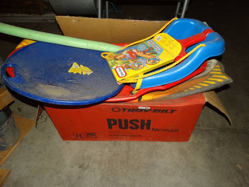 lot 2747 image: Lot of snow boards and baby rope swing.