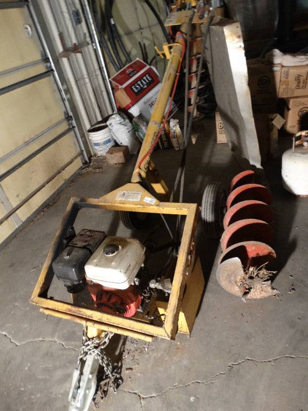 lot 6002 image: Working pull behind gas powered Easy Auger post hole digger with extra auger.