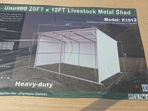 lot 8121 image: Unused KJ 20x12ft Heavy-Duty Livestock Metal Shed  Model K1912