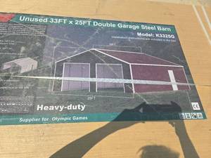 lot 8136 image: Unused 33x25 FT Double Garage Steel Barn Shed - Model K3325G