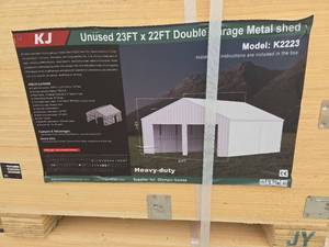 lot 9020 image: Unused KJ Double Garage Metal Shed Model K2223