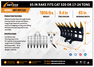 lot 8617 image: Unused Arteer 65 Rock Rake for CAT 320 Excavator  Model ART-RFC320
