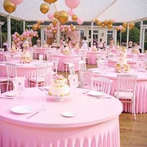 lot 1434 image: Outpain 6 Pack Spandex Pink Round Tablecloths for 60in Tables, 120Inch Stretchy Fitted 5FT Round Table Clothes,Wrinkle Free Table Cover with Skirt for Wedding Party Dining Banquet