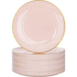 lot 1456 image: Nervure 100PCS Pink and Gold Plastic Plates - 10.25 inch Pink Disposable Plates with Gold Rim - Party Plate - Dinner Plate Ideal for Wedding & Party