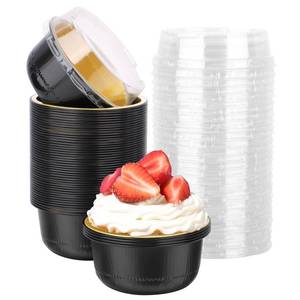 lot 1484 image: Beasea Aluminum Foil Ramekin Cups With Lids, 50 Pack 6.1oz 180ml Mini Disposable Foil Ramekins Aluminum Round Oven Baking Cupcake Cups for Party - Black Gold