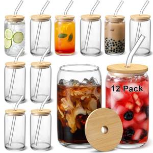 lot 1486 image:  12pcs Set  Glass Cups with Bamboo Lids and Glass Straw - Beer Shaped Drinking Glasses, 16 oz Iced Coffee Glasses, Cute Tumbler Cup for Smoothie, Boba Tea, Whiskey, Water - 4 Cleaning Brushes