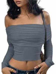 lot 2116 image: EMMIOL Womens Summer Tops Y2k Sexy Off Shoulder T-Shirt Long Sleeve Bodycon Cropped Tee Tops 2000s Aesthetic Streetwear s